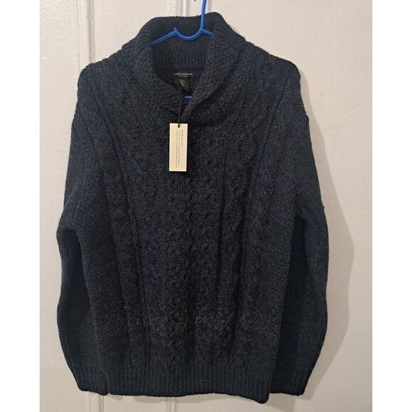 Paolo Mondo Mens Large 100% ITALIAN WOOL blue Shawl Collar Cable Knit Sweater - Picture 2 of 5